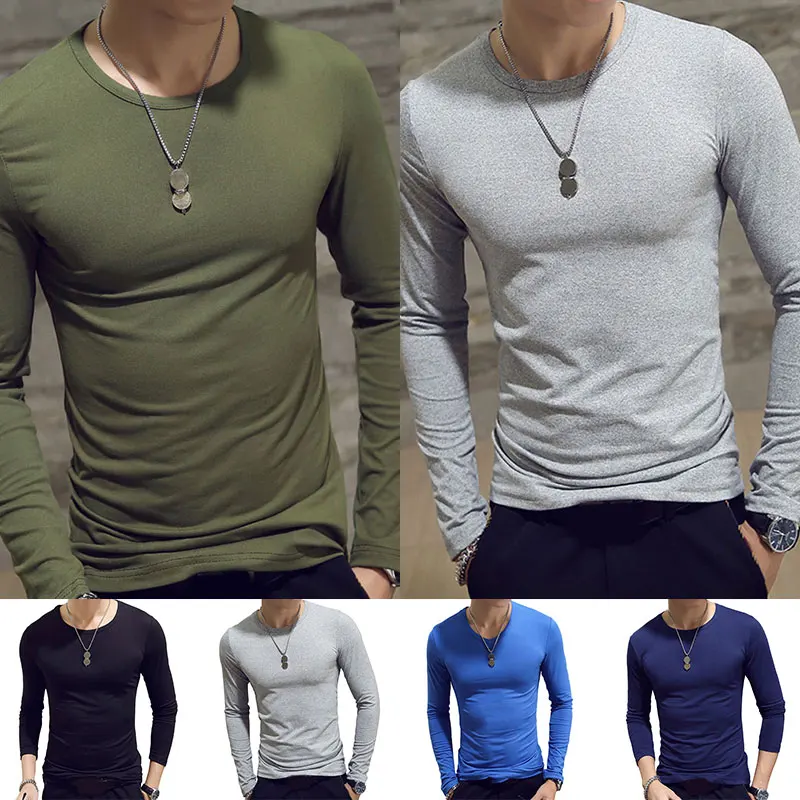 

2021 Elastic Mens T-Shirt V-Neck Long Sleeve Men T Shirt Long Sleeve O Neck Underwear Pullover Solid Color Comfort Basic Tees