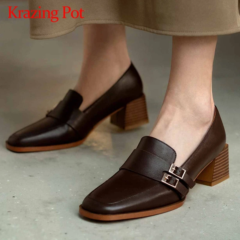 

Krazing Pot korean streetwear genuine leather buckle decorations square toe thick med heel slip on noble mature women pumps L01