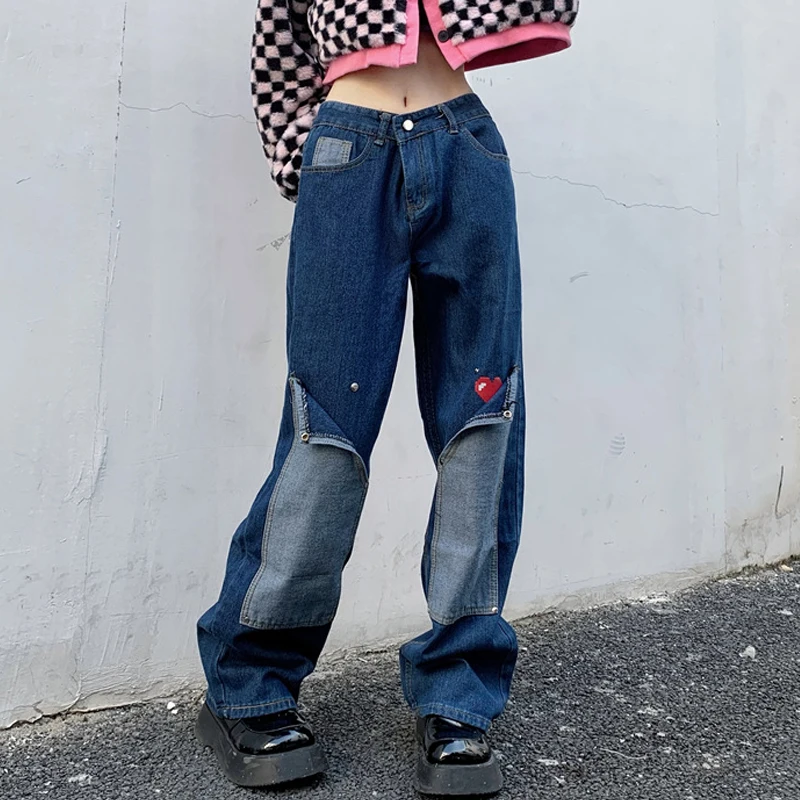 

Джинсы Y2k женские с завышенной талией, модные брюки из денима с прямыми штанинами, мешковатые винтажные уличные штаны в стиле пэчворк