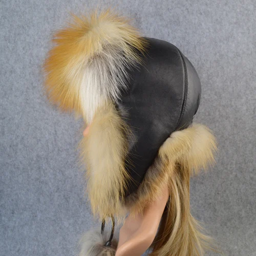 red fox fur Женская шапка из натурального Лисьего меха, зимняя шапка-ушанка, шапка-бомбер, шапка для русской снежной погоды, Толстая теплая меховая шапка из натуральной кожи для девочек - Цвет: red fox fur