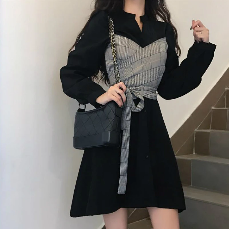 

Women Long Sleeve Dress Patchwork Elegant Fake-two Pieces Simple Lace Up Leisure All-match Office Lady Korean Style Sashes Chic