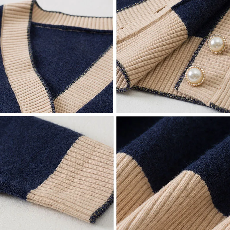 

Trendy Slim Sweater Coat Elegant Korean Style Elastic Knitwear Top Female Patchwork V-Neck Button Short Knitted Cardigan Women