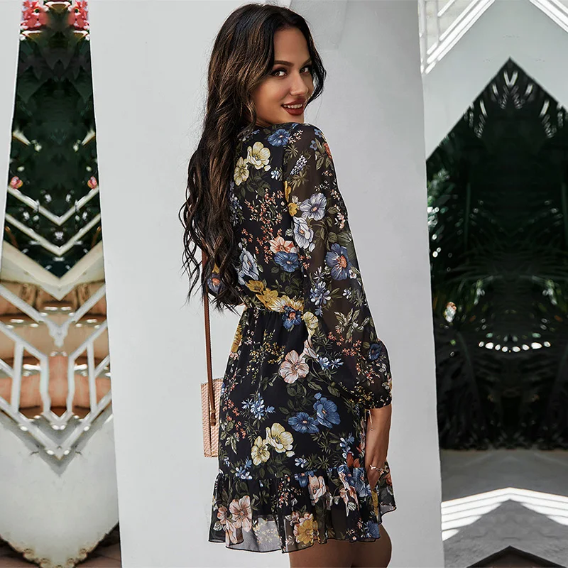 

Spring New Print Dress Women Casual Full Sleeve Lace Up High Waist Floral Dress For Women 2021 Summer Chiffon Dress