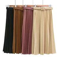 2021 skirt spring and autumn mid length solid color simple organ pleated skirt elastic waist with belt all match skirt