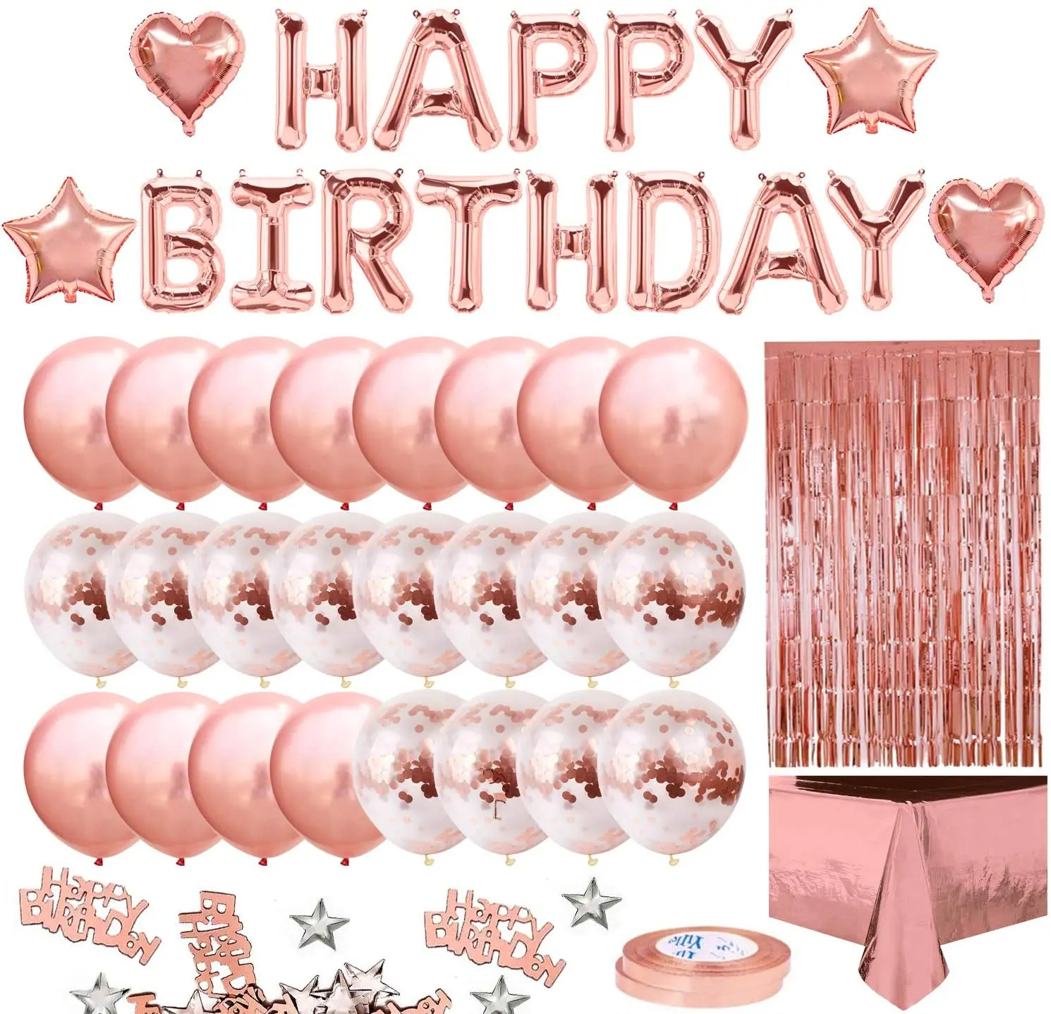 

Birthday Party Decoration for Girls Women Happy Birthday Party Banner Rose Gold Fringe Curtain Foil Tablecloth Heart Star Confe
