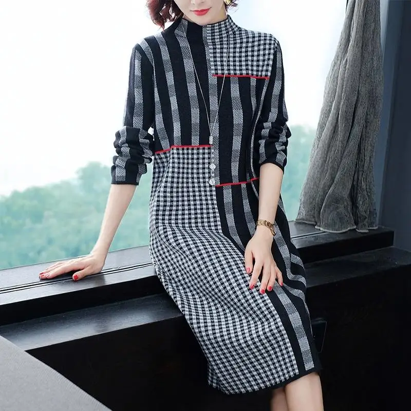 Женское вязаное платье свитер с круглым вырезом длинным рукавом|Женские платья| |