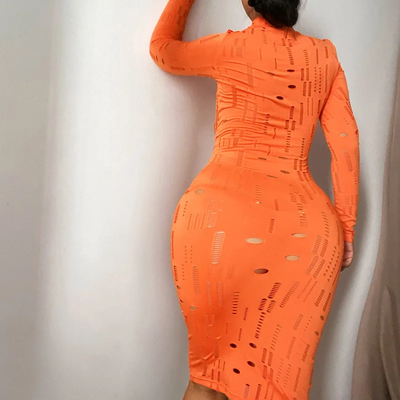 

CIBBAR Elegant Solid Maxi Dress Women Autunm Long Sleeve Sheath Skinny Sheath Cleavage Dresses Hole Streetwear Female Skirts New