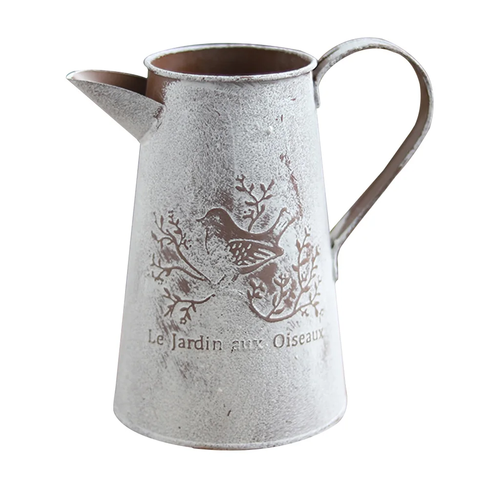 Vintage Home Decor Eco Friendly Easy To Store Old Bird Print Iron Vase Galvanised Flower Garden Desktop Watering Pot Shape | Дом и сад