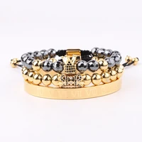 new design high quality hematite beads 316l stainless steel roman bangle cz pave crown charms bracelet set men jewelry gift