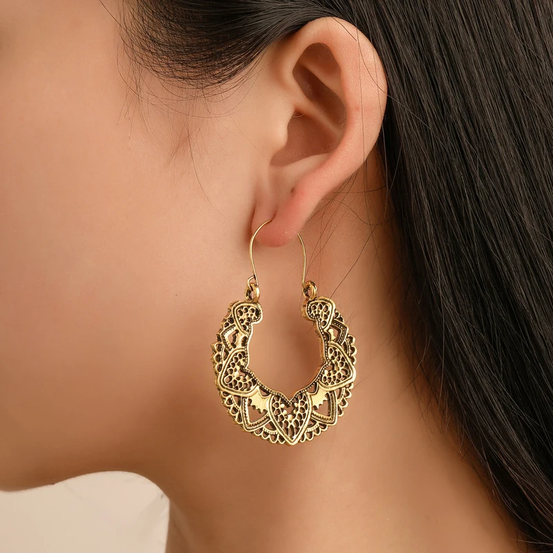 FSUNION 2022 New Antique Gypsy Indian Tribal Ethnic Hoop Dangle Mandala Earrings Boho Oorbellen For Women Fashion Jewelry