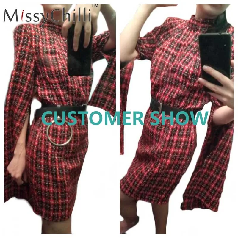 Женское твидовое платье с разрезом MissyChilli клетчатое Короткое облегающее