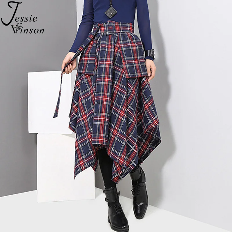 Джесси Винсон Высокая талия плед поясом Асимметричная юбка для женщин корейский