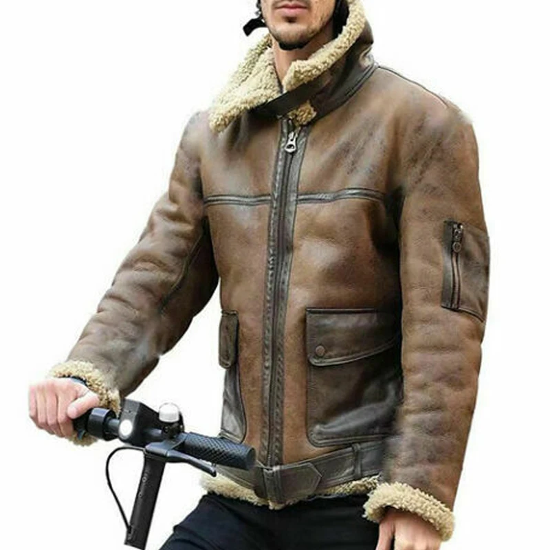 

Winter Mens Lamb Wool Lined Leather Jacket Parka Outwear Coat Men Retro Fur Locomotive Jacket Zipper PU Leather Coat Warm