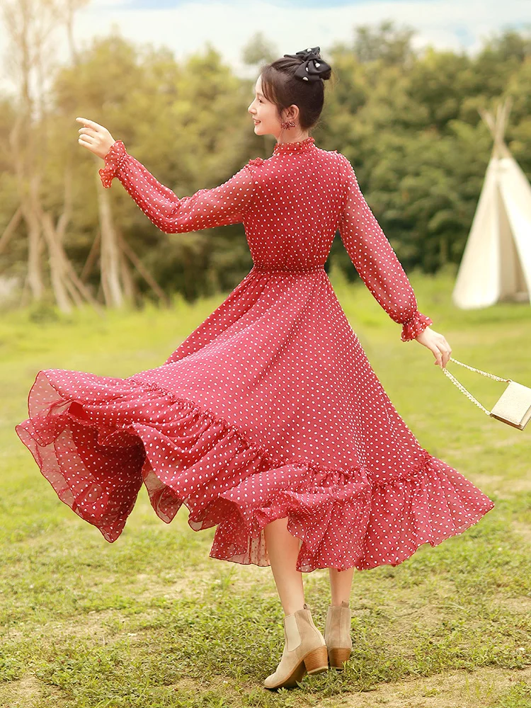 TIYIHAILEY Free Shipping Boshow Women Long Maxi Lantern Sleeve Spring S-L Chiffon Big Hem Ruffles Red Dot Dresses Bandage | Женская