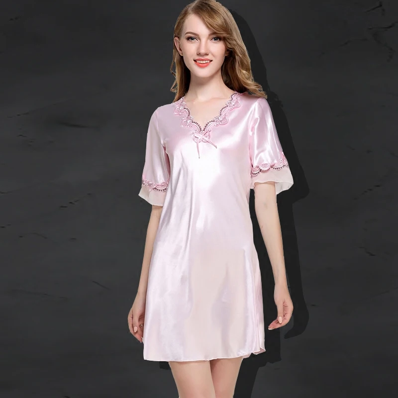 Lace Night Dress Sexy Silk Satin Sleepwear Short Sleeve Nighty V-neck Nightgown Lace Nightwear Women Summer Home Soft Clothing