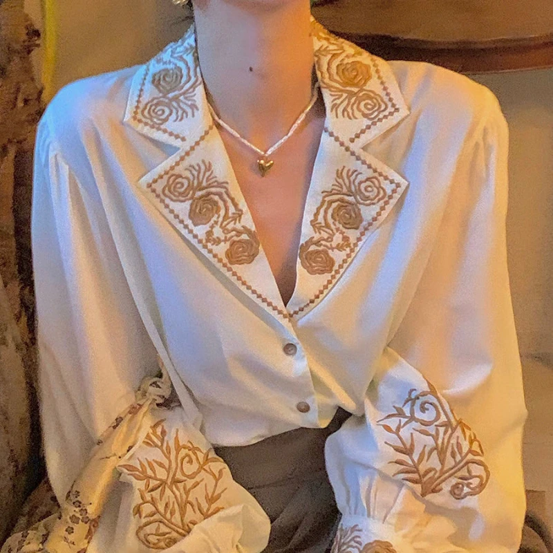 

Woherb Vintage Floral Embroidery Blusas Mujer Elegant Women Blouses and Tops Autumn Short 2021 Ladies Shirts Chemisier Femme