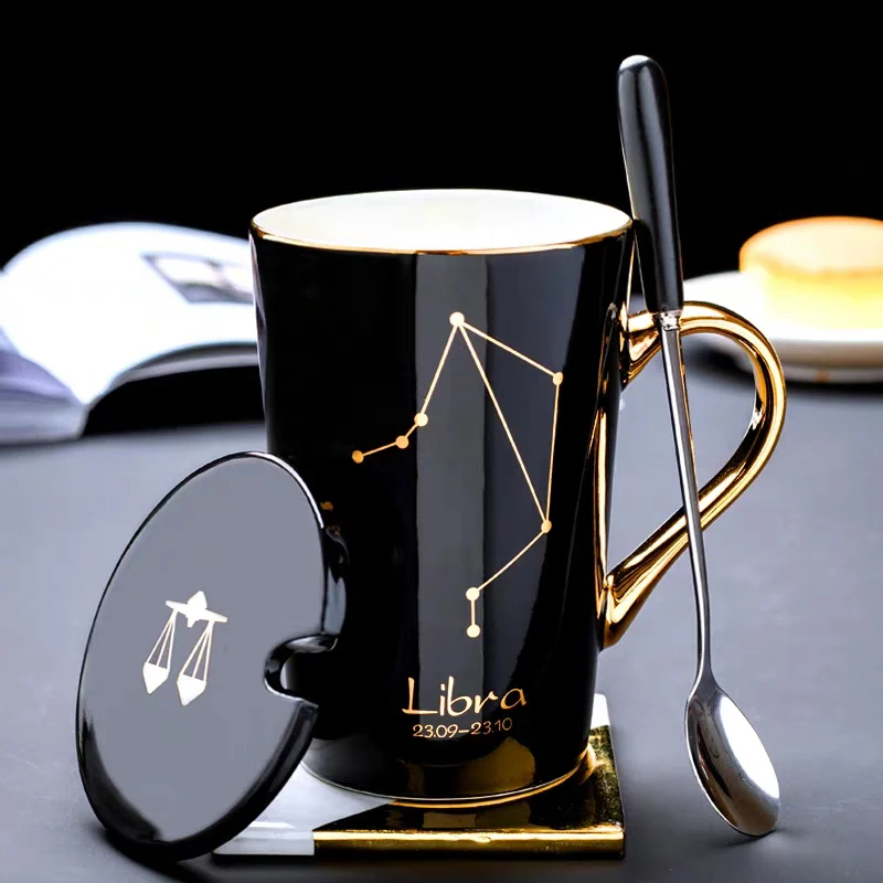 

Ceramic Mugs 12 Constellations Creative Glass with Spoon Lid Black and Gold Porcelain Zodiac Milk Coffee Cup Drinkware Tea Cup