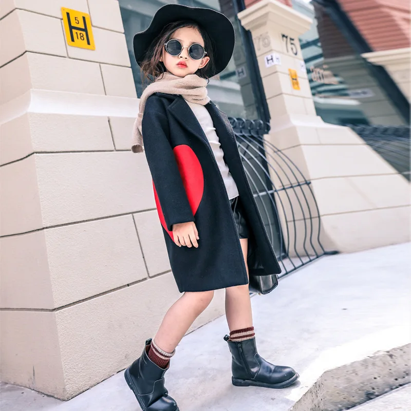 

Girls Wool Blends Coats for Kids Heart Pattern Outerwear Girls Autumn Winter Jackets 120-160 CM Girls Cool Coat
