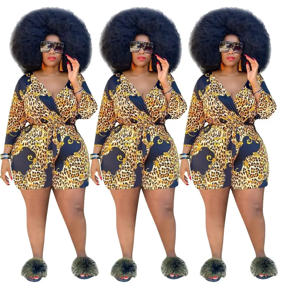 

Fashion Plus Size Women Jumpsuits Leopard Printing Deep V-Neck Long Sleeve With Slash Shorts Rompers For Nightclub Party XL-5XL