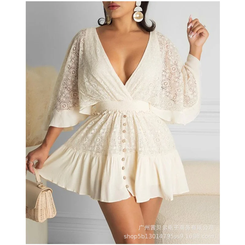 

Mandylandy Women's Elegant Lace Patchwork Dress Lady Sexy Fashion Flare Sleeve V Neck Single Breasted Hollow Out Mini Dress