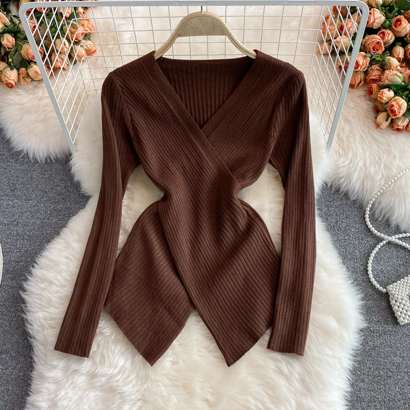 

Autumn Women Sweater Outside Full Lantern Sleeves Skinny Low Cut V-neck Knitted Pullovers Office Ladies Slim Tunic Knitwear