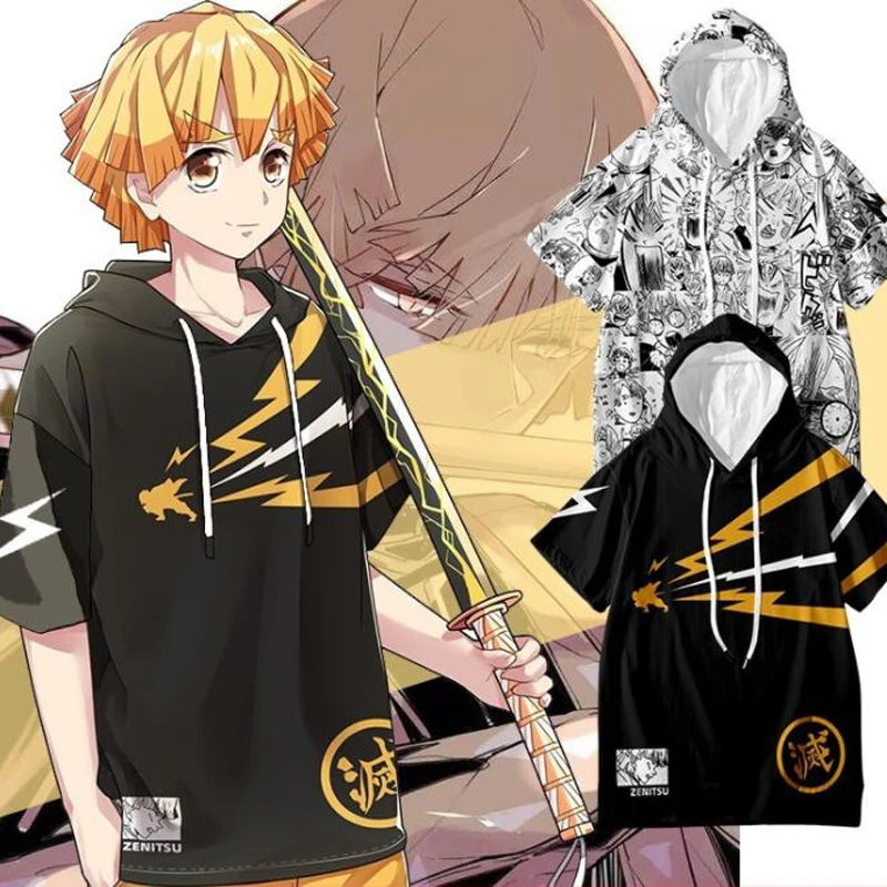 

Demon Slayer Kimetsu No Yaiba Cosplay Costume Rengoku Nezuko Shinobu Mitsuri Zenitsu Tanjiro Tomioka Short Sleeve Hooded T Shirt