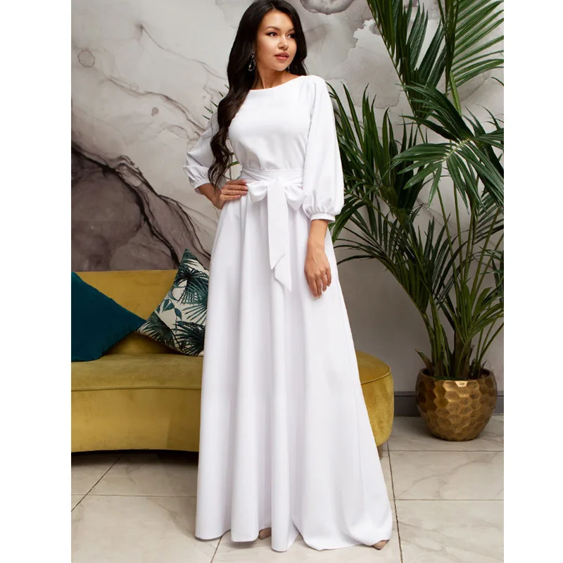 

Women's Long Skirt Fashion Simple Soild Color Round Neck Belt Lantern Sleeve Long Evening Dress Party Dress Spring Autumn New