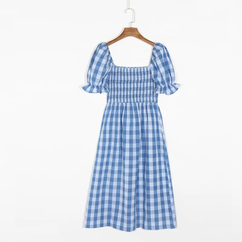 

Summer Women's Casual Plaid Square Collar Short Sleeve Slim Dress Vestidos