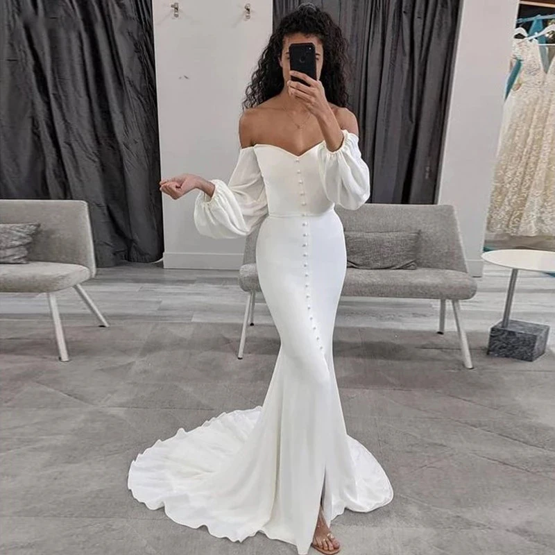 

Simple Chiffon Mermaid Wedding Dress 2022 Sexy Off-shoulder Side Split Beach Long Puff Sleeves Bridal Gowns