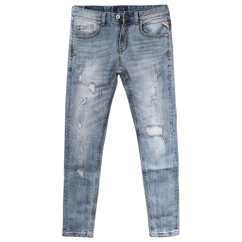 Fashion Ripped Light Blue Jeans Men Summer Streetwear Casual Cotton Slim Fit Stretch Denim Pants