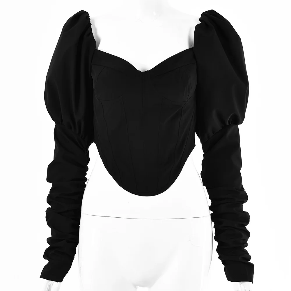 

Women Square Neck Backless Sexy Long Sleeve Bodycon Crop Top Ladies Solid Party Strapless T Shirt