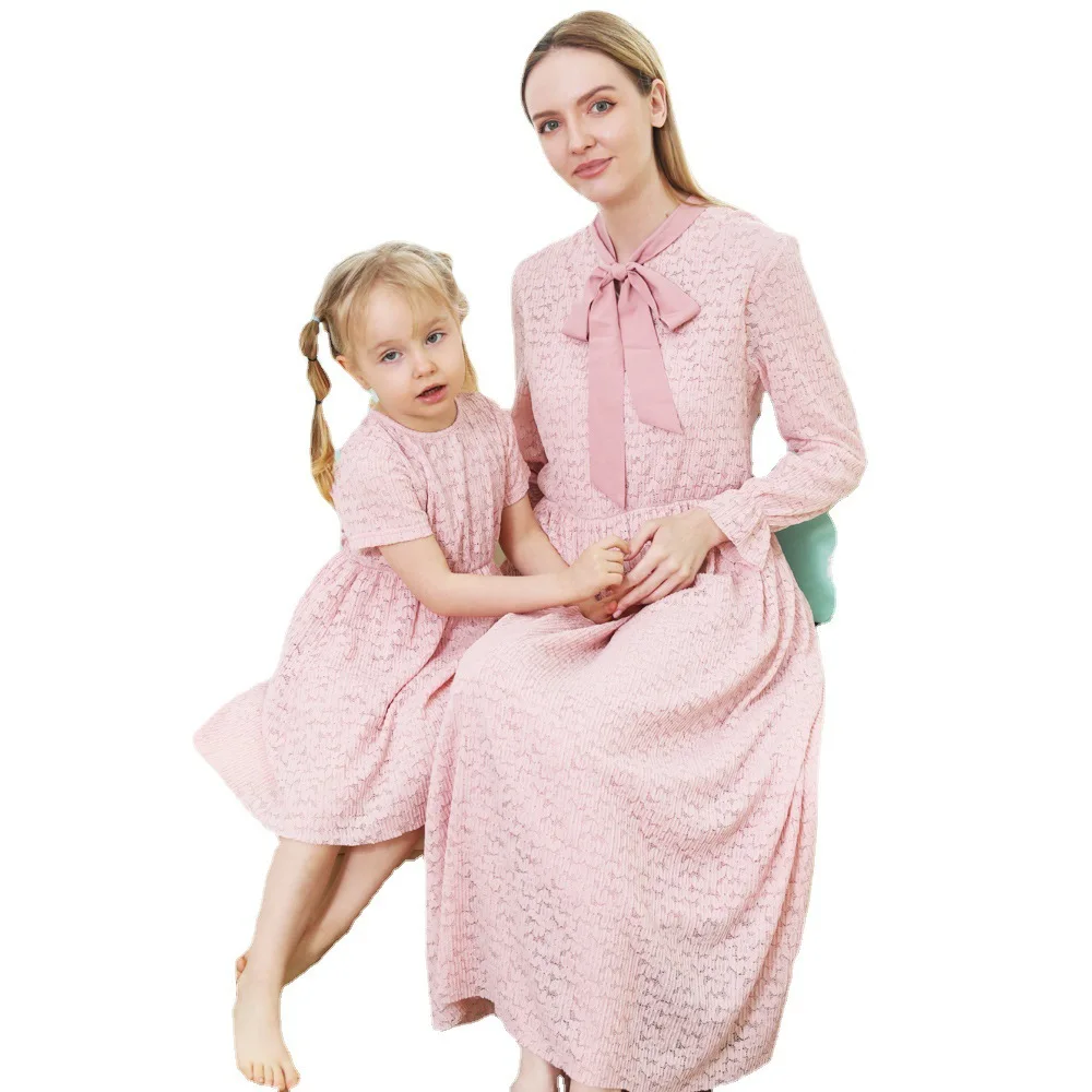 

Family Matching Outfit Fashion Pink Lace Mother and Daughter Dress Mommy and Me Clothes Kids Clothes Girls