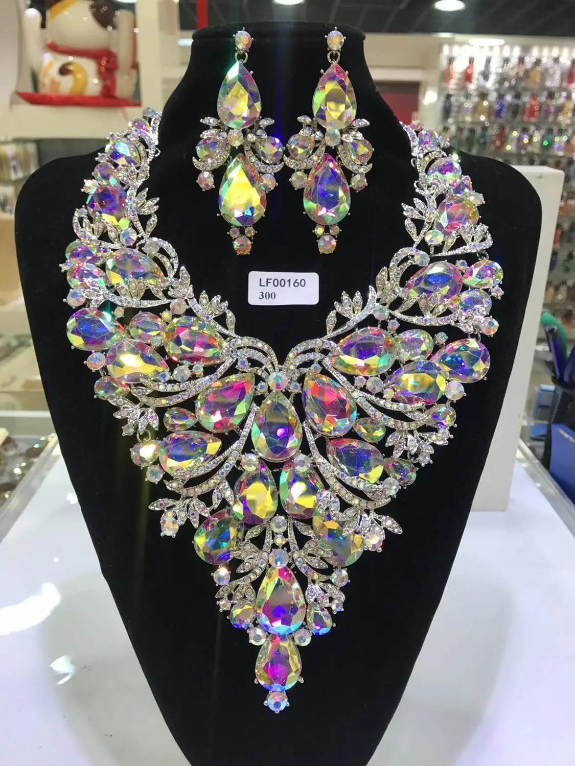 Colorful Crystal Wedding Jewelry Women Big Necklace Earrings Jewelry Sets African Wedding Bridal Rhinestone Jewelry Sets