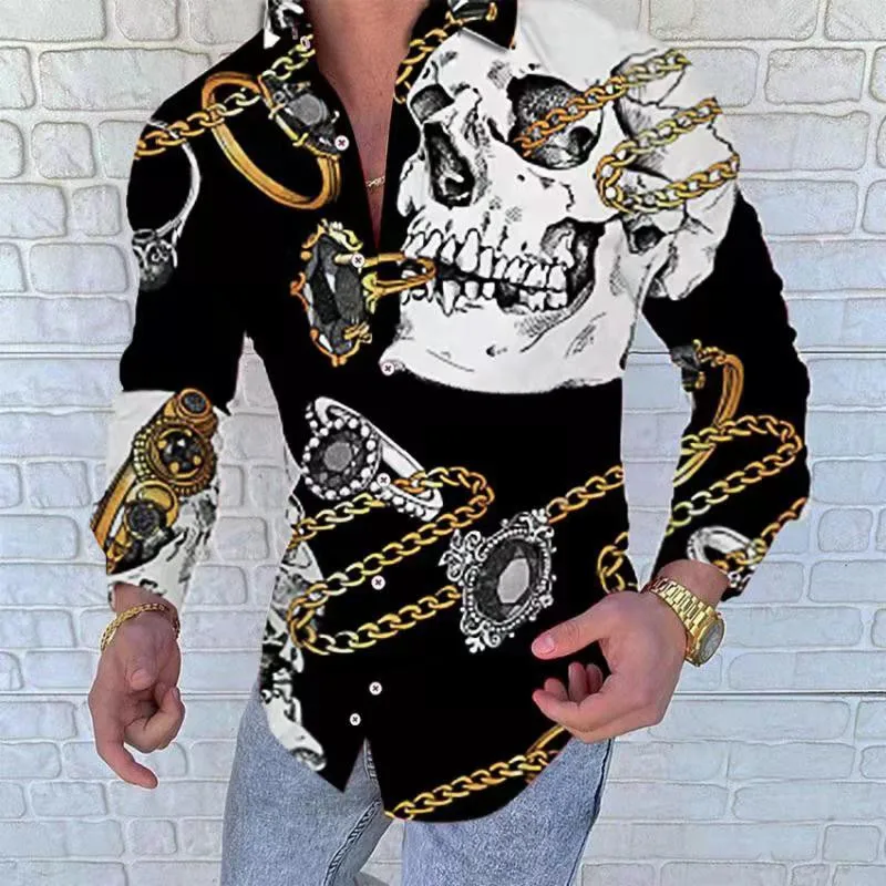 

New Fashion For Men Autumn Long Sleeve Casual Skull Print Shirt Vintage Streetwear Turn-down Collar Blouses 2021 Men's Clothing