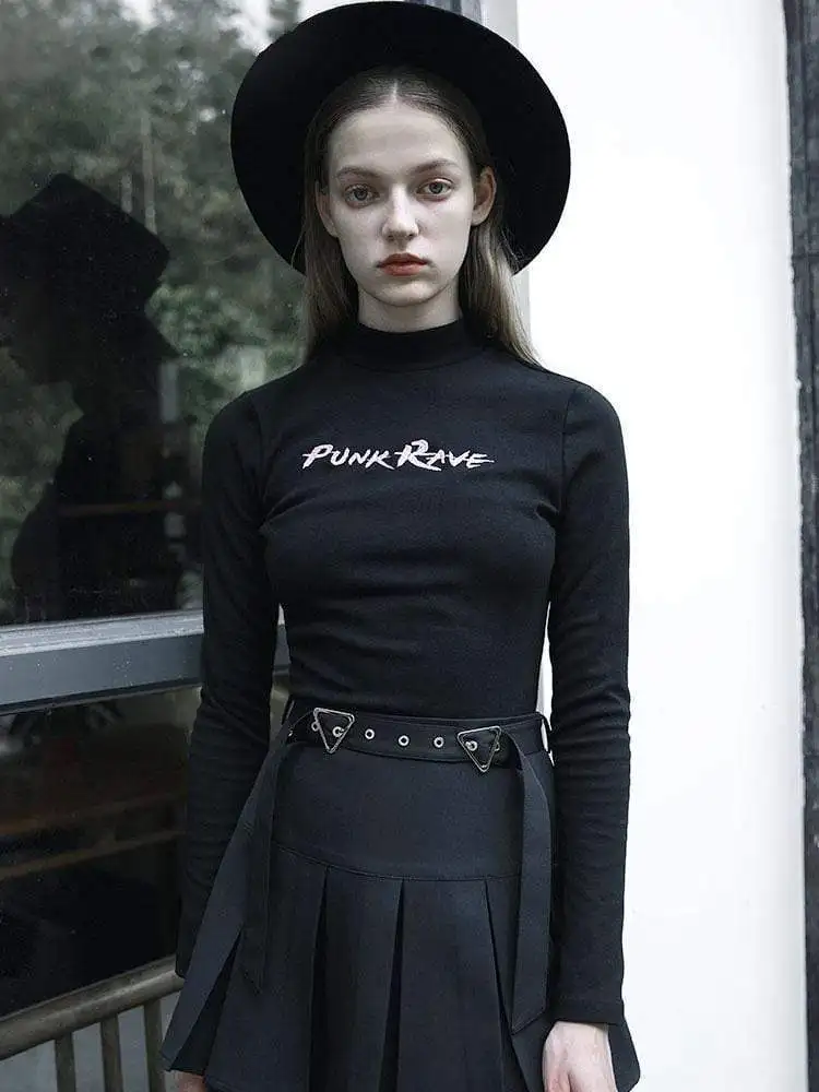 Женские футболки с длинными рукавами вышивкой и воротником-стойкой в стиле панк