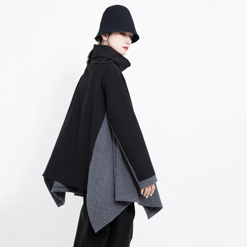 

Contrast Color Loose Irregular Sweatshirt New Round Neck Long Sleeve Women Big Size Fashion Autumn Winter 2021 1DD0360