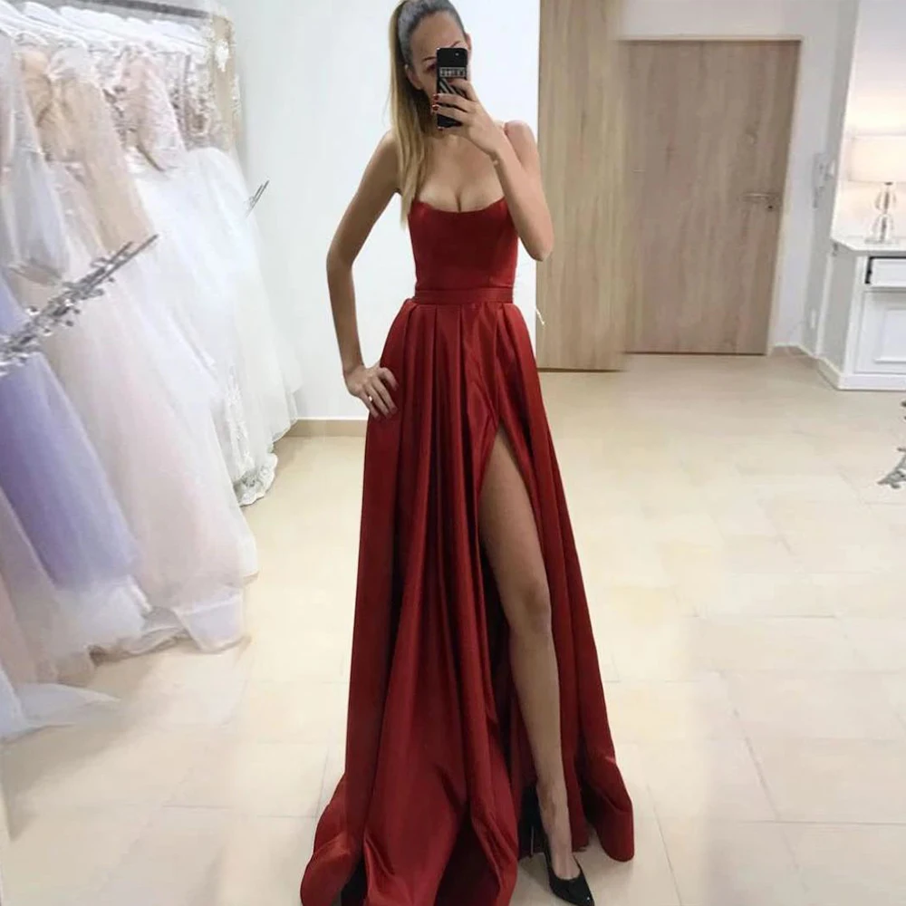 

A-line Burgundy Evening Dresses Long Luxury 2021 Spaghetti Satin Elegant Sexy Prom Gowns Side Split robe de soire de mariage