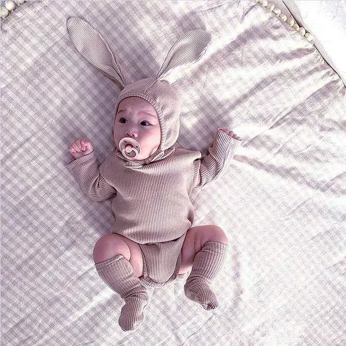

Autumn Infan Babies Girls Clothing Bodysuit Newborn Boys Long Sleeve Romper+rabbit Ear Hat+socks 3pcs Ribbed Cotton Baby Clothes