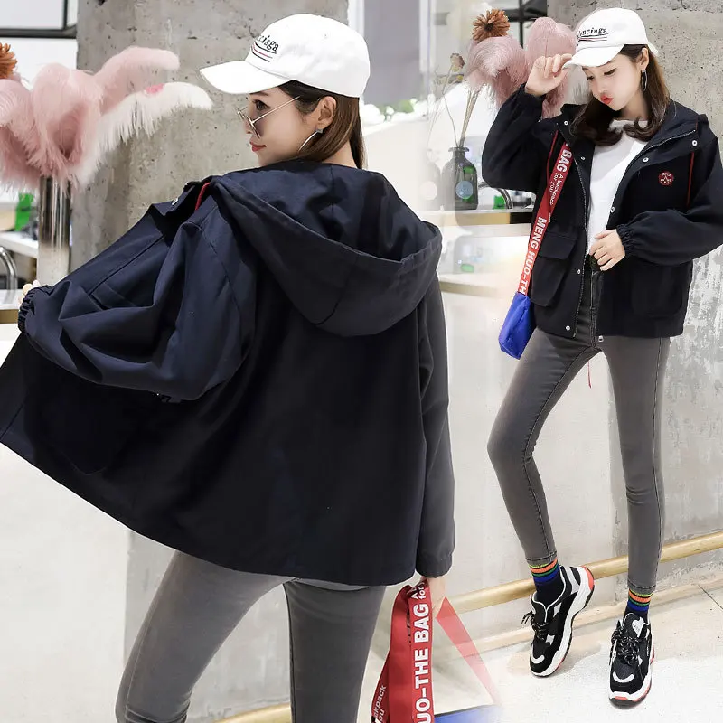 

Women's Trench Coat Early Autumn New Women's Korean Version Hooded Overalls Student Baggy Coat