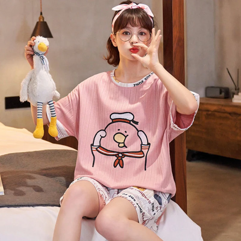 

New Cotton Pyjamas Simple Sleepwear Women's Pajamas Sets Short Sleeve Ladies Pijama Soft Homewear Cute Cartoon Lounge T-Shirts