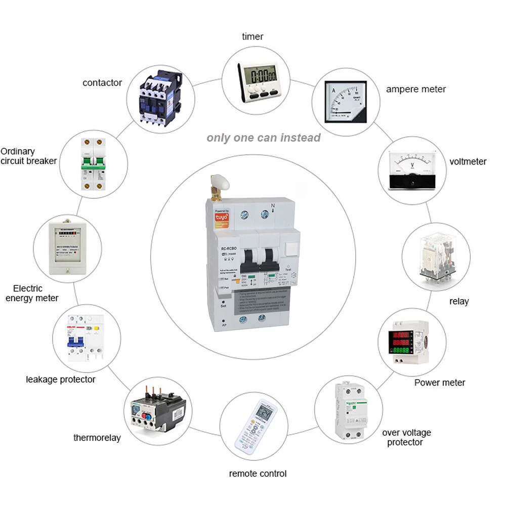 Din Rail Tuya Smart RCBO автоматический выключатель с контролем энергии 2P WiFi MCB защита от
