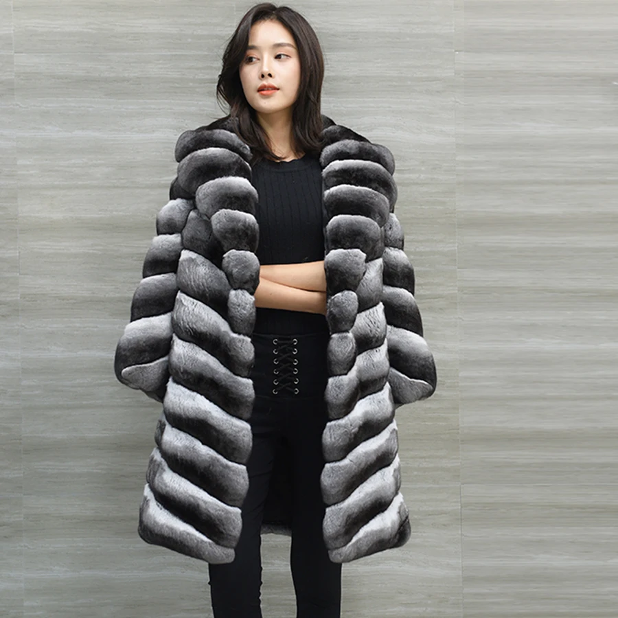 

Женское классическое меховое пальто с воротником-костюмом, модная зимняя куртка высокого качества из меха кролика Рекс, верхняя одежда X-long, цвет Шиншилла