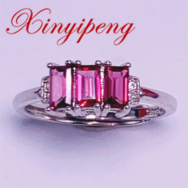 Xin Yipeng Fine Gem Jewelry Real S925 Sterling Silver Plated White Gold Inlaid Natural Garnet Ring Party Holiday Gift for Women