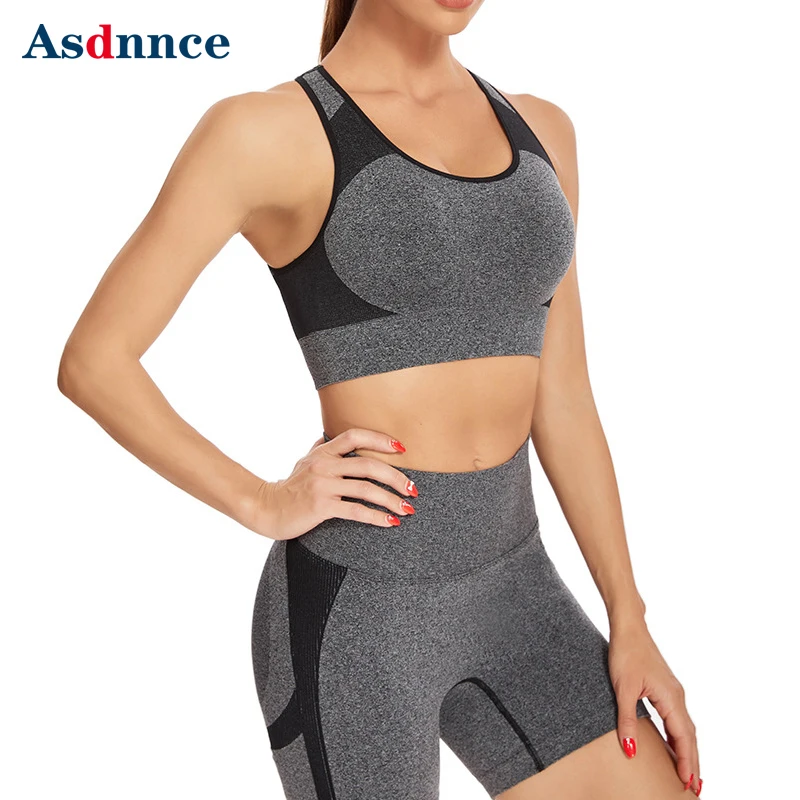 

Gym Seamless Knitted Sportswear Women Sexy Shockproof Running Sports Bra High Waist Stretch Shorts Yoga Wear Fitness Suit