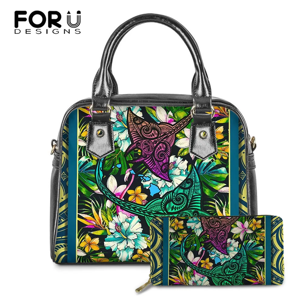 

FORUDESIGNS полинезийская акула и гибискус Дизайнерская Женская Роскошная сумка из искусственной кожи и кошелек повседневные женские сумки-тоу...