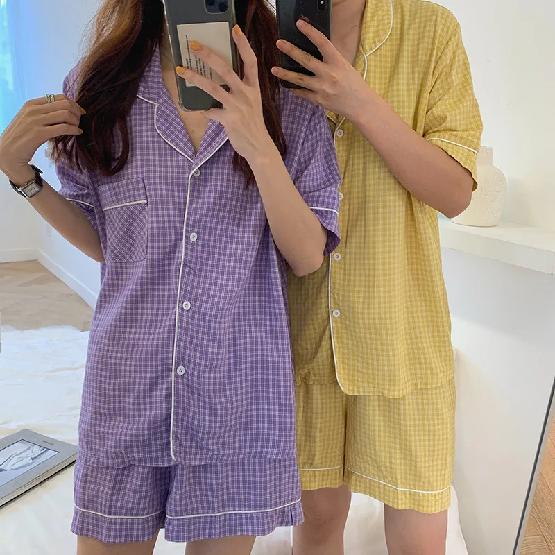 Пижамный комплект летняя рубашка в клетку Корейском стиле шорты с коротким