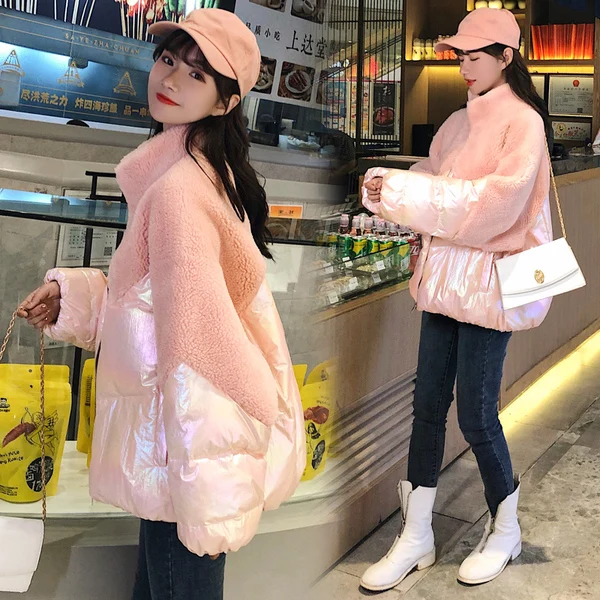 pink Корейский пуховик пальто из меха ягненка Женский бархатный меховой шерстяной воротник хлопок Женская парка толстый пуховик одежда - Цвет: pink