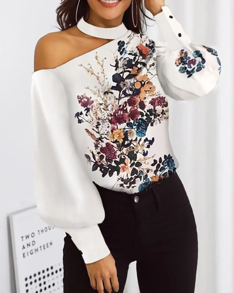 

Women Floral Print Lantern Sleeve Blouse Halter Mock Neck Cut Out Long Sleeve Casual Blouses Tops Workwear