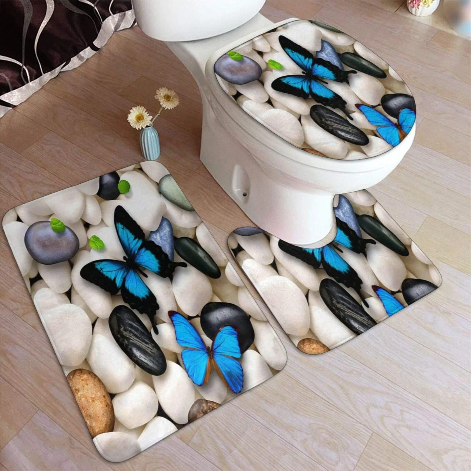 

Nikki Bath Mat on Stone Butterfly Bath Carpet and Cushion Set 3-piece Carpet with Anti-Slip Carpet Toilet Cover and Bath Mat