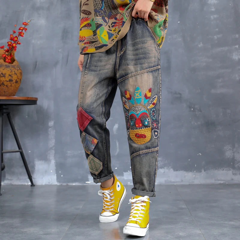 

2020 Women's Jeans Harem Pants High Waist Mom Ripped Jeans Ropa Mujer Loose Ankle-Length Facebook Embroidery Denim Pants